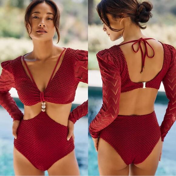 Patbo Bordeaux Textured Lycra Cutout Body Suit Long Sleeve Swim Suit Size XS - Picture 1 of 8